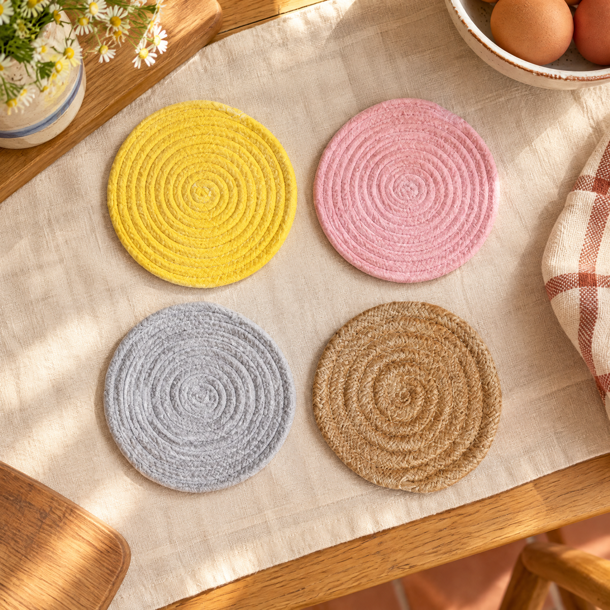 Four complete Circle coasters showing concentric braided cotton cord