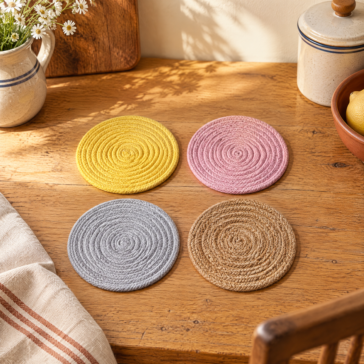 Circle Cotton Coaster Set hero: Four Circle cotton coasters in yellow, pink, grey and tan