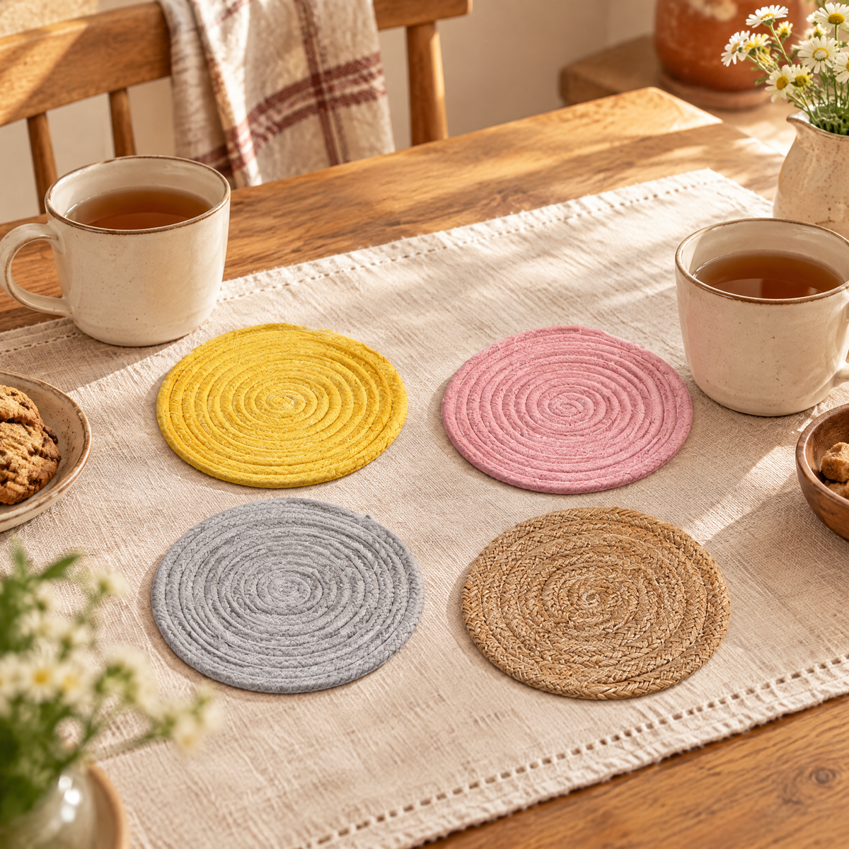 Circle Cotton Coaster Set story: The complete Circle coaster set beside cream cups at a tea table