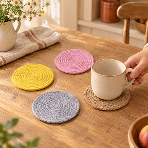 Circle Cotton Coaster Set use: A hand placing one cup on the tan Circle coaster with other three visible