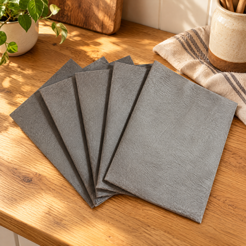 Clarity Glass Cloth Set hero: Five grey Clarity glass-cleaning cloths fanned on an oak counter