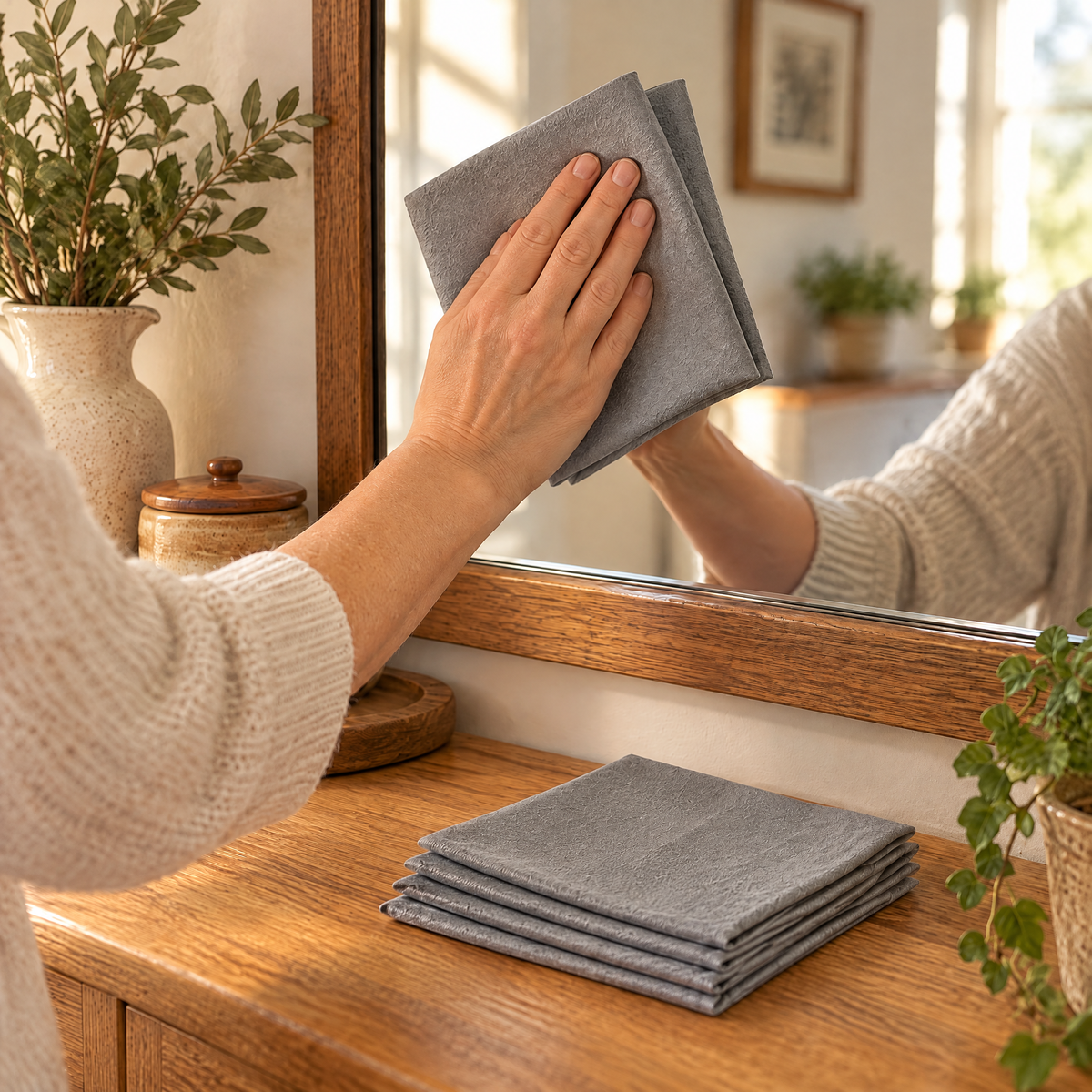 Clarity Glass Cloth Set use: One Clarity cloth guided against a mirror, with four spare cloths nearby