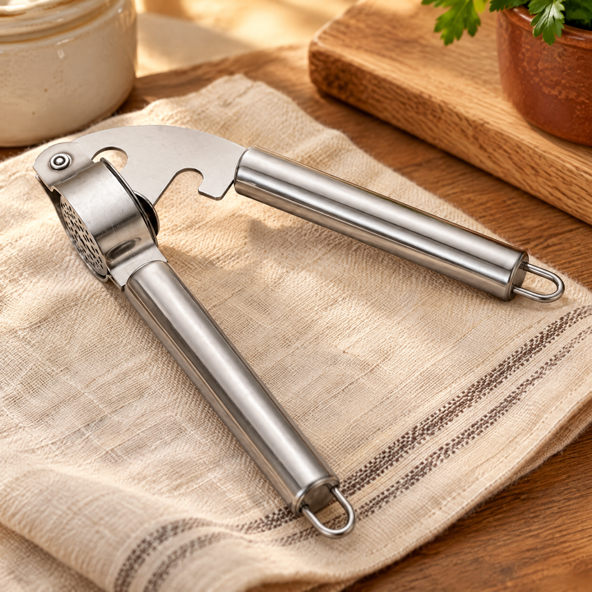 Clove Stainless Garlic Press detail: Detail of the Clove garlic press chamber and hinge
