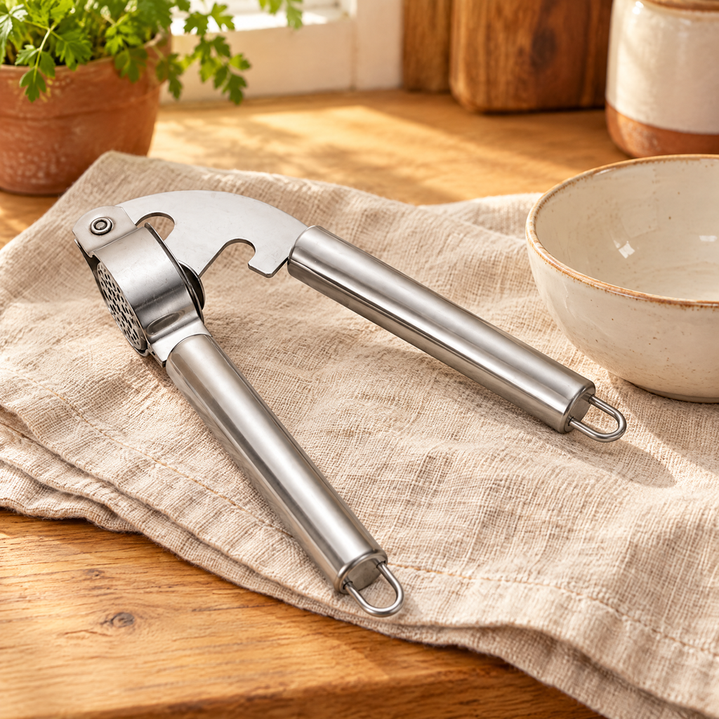 Clove Stainless Garlic Press hero: Clove silver hinged garlic press on oat linen in a warm cream kitchen
