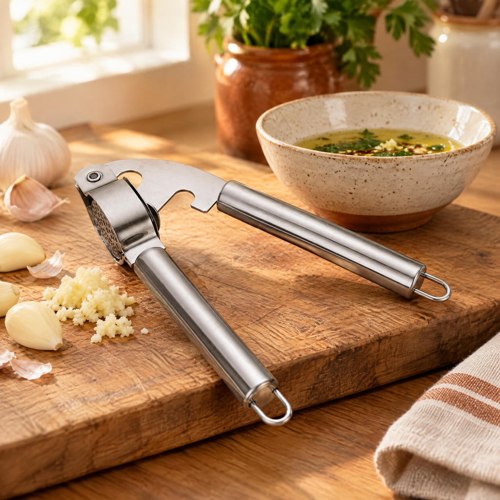 Clove Stainless Garlic Press story: Clove garlic press beside peeled garlic and a preparation bowl