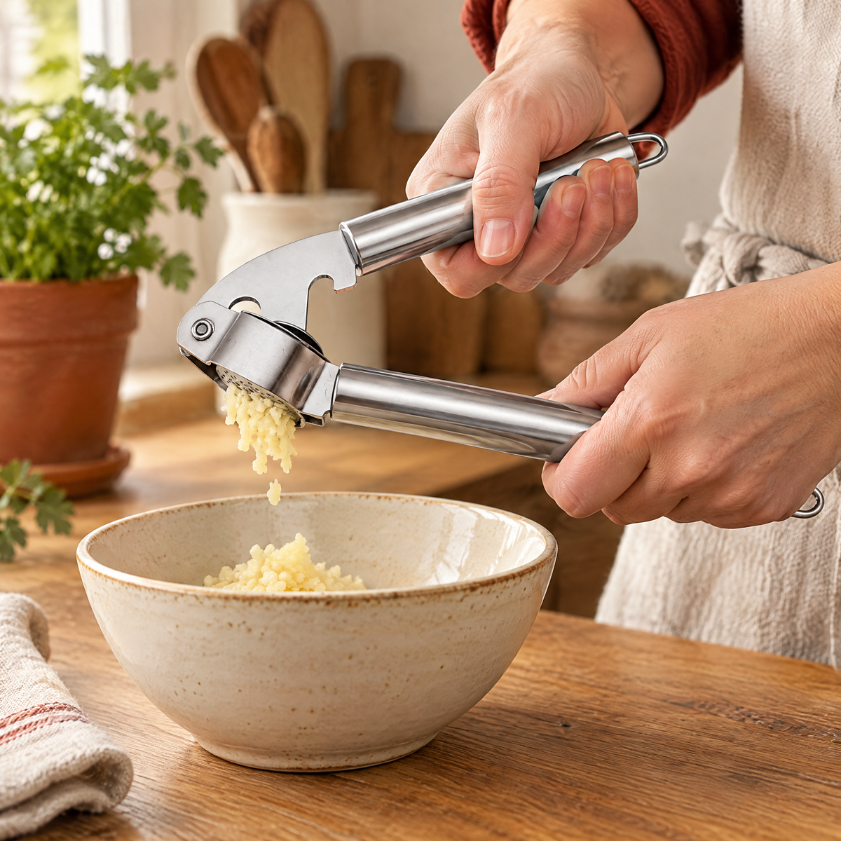 Clove Stainless Garlic Press use: Hands pressing peeled garlic into a bowl with Clove