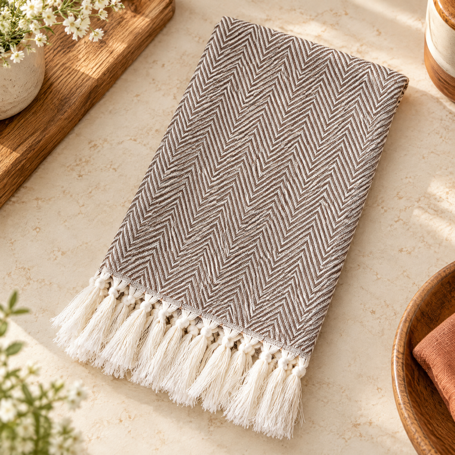 Cottage’s fine herringbone weave and knotted tassels
