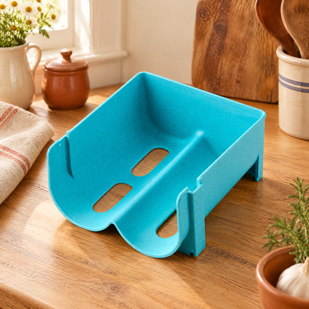 Cradle Two-Bottle Holder hero: Complete blue Cradle rack with two shaped troughs
