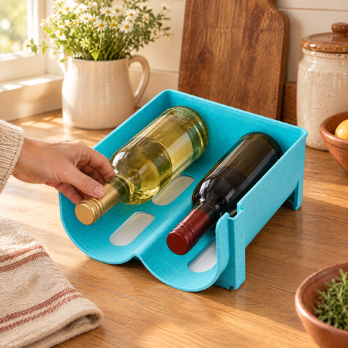 Cradle Two-Bottle Holder use: Hand reaching one bottle from the complete two-bottle rack