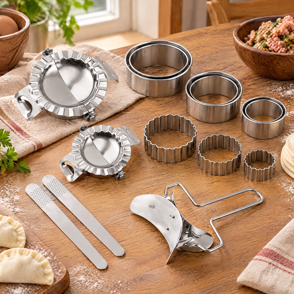 Crimp Dumpling Tool Set detail: Crimp Dumpling Tool Set: press hinges and graduated cutter groups