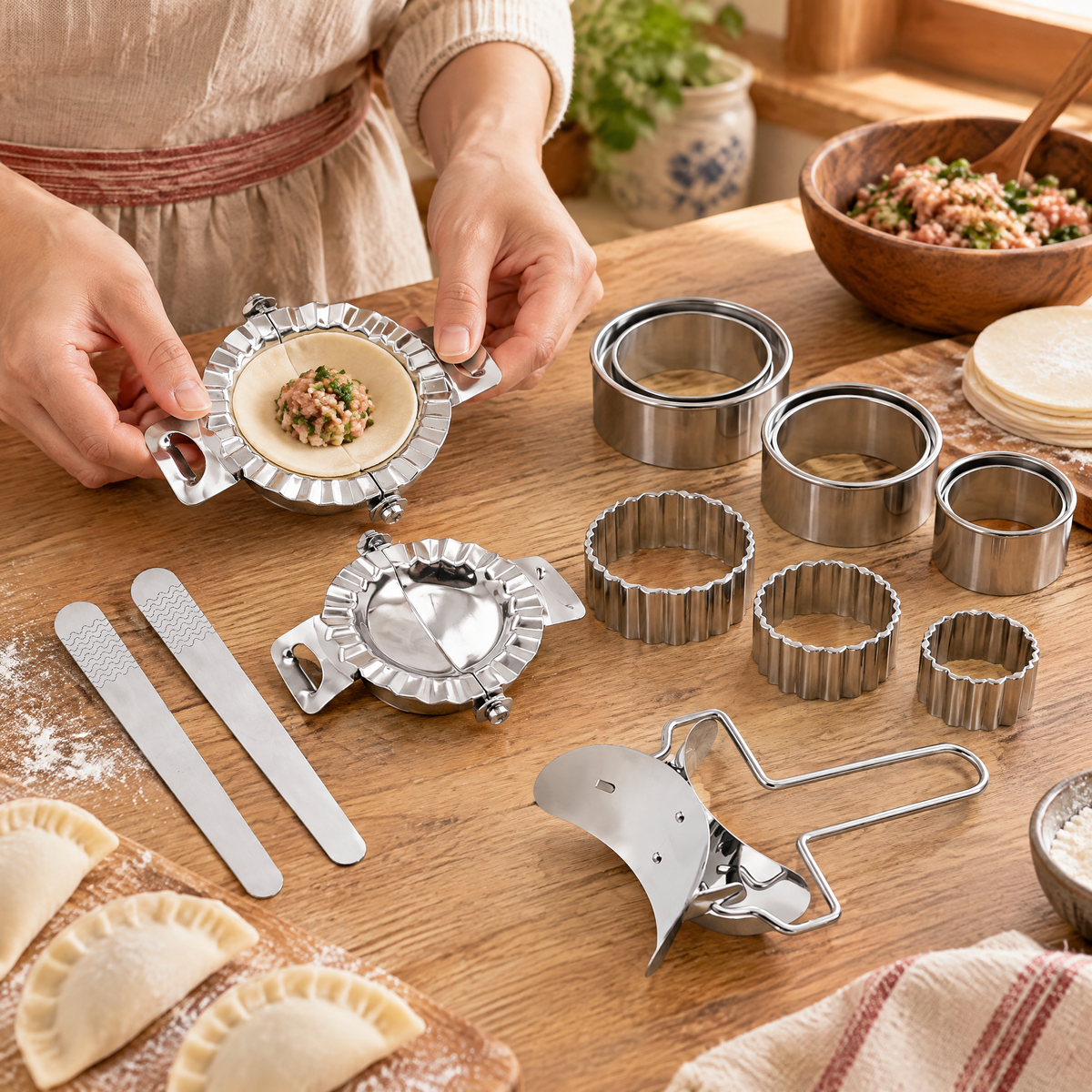 Crimp Dumpling Tool Set use: Crimp Dumpling Tool Set: a controlled hinged wrapper fold