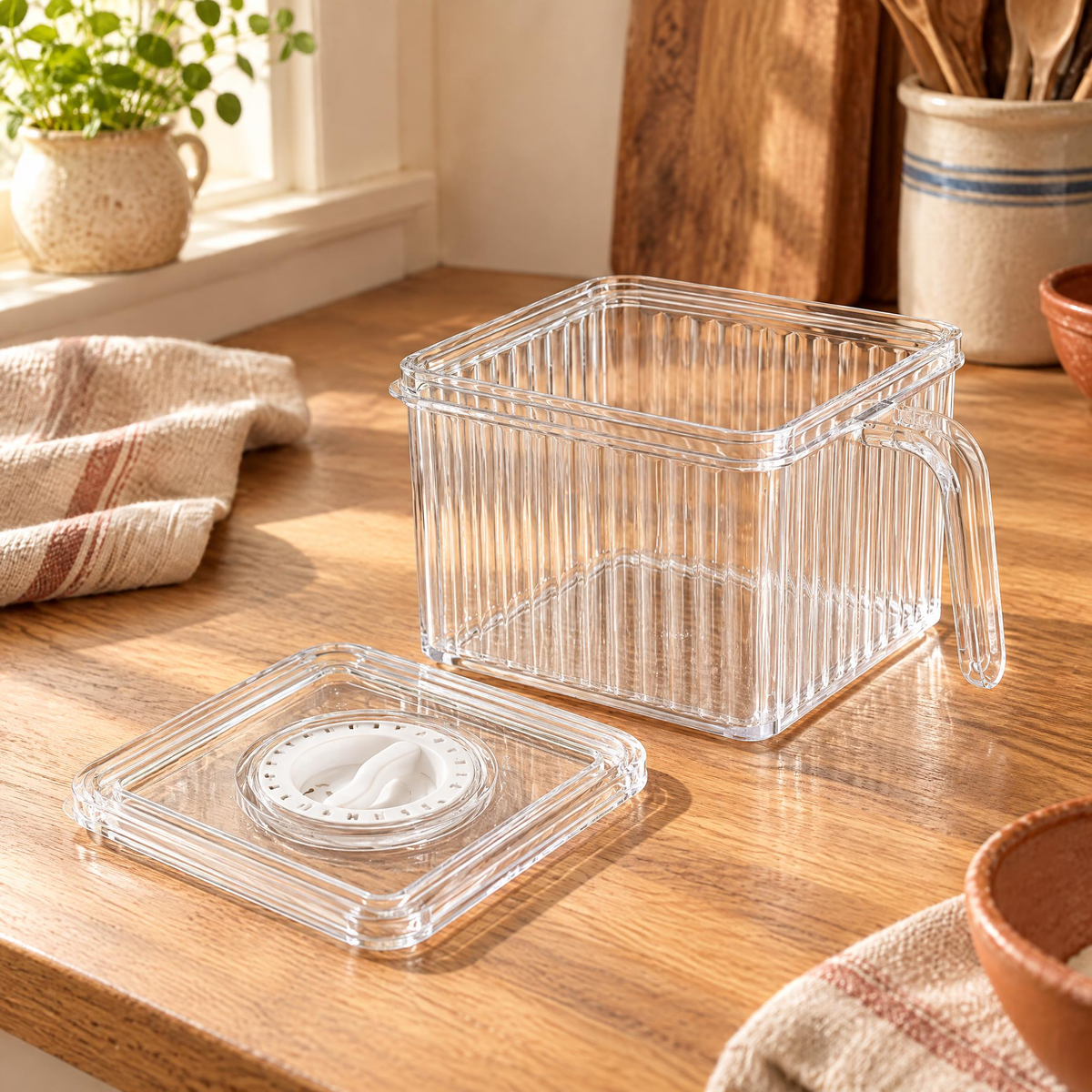 One ribbed clear box and matching lid with circular feature
