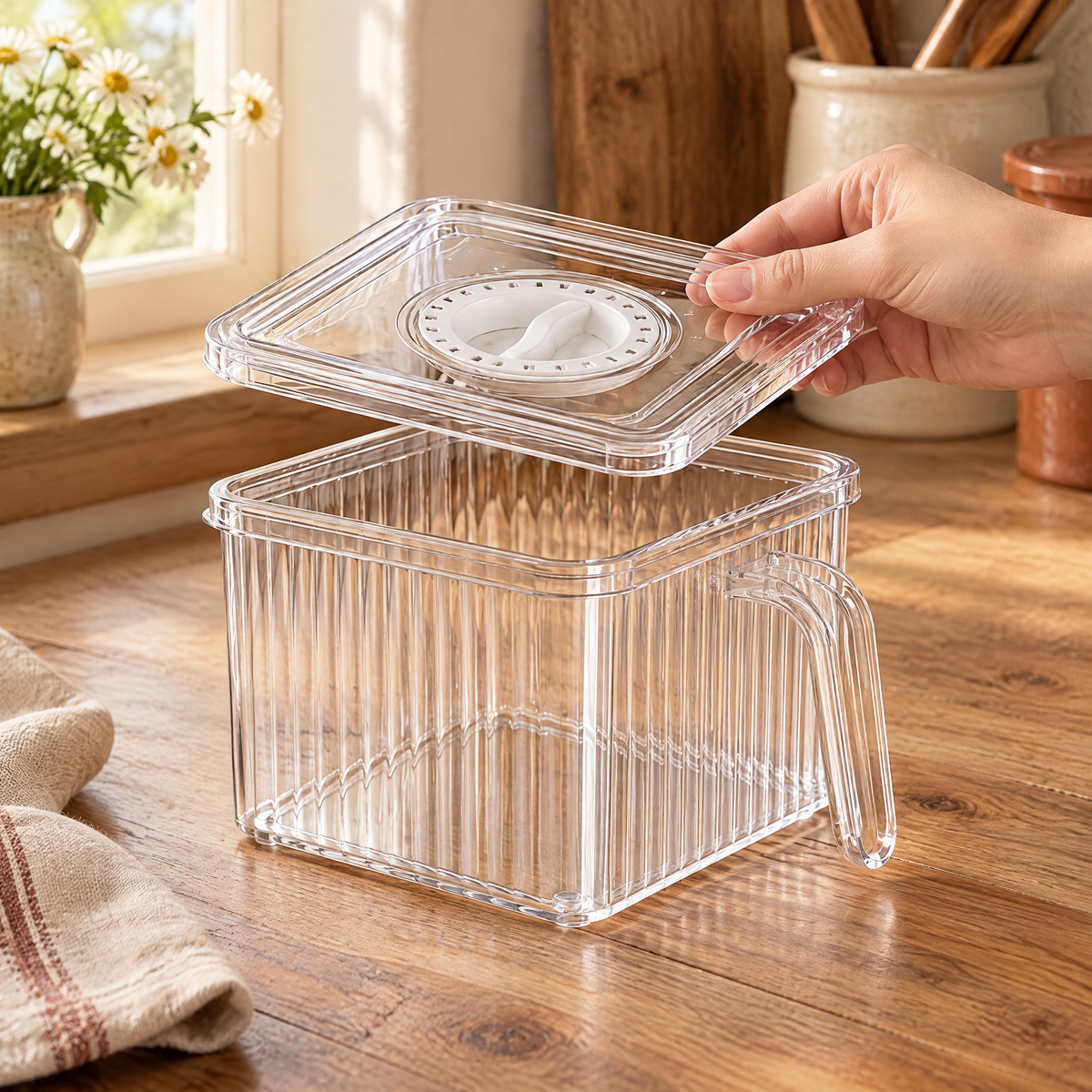 Crisp Small Produce Box use: Hand holding the single lid just above the empty box