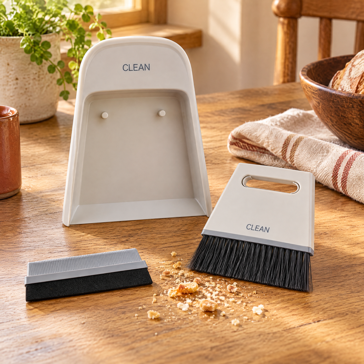 Crumb Mini Dustpan Set story: Crumb beside a little tabletop crumb group