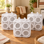 Cushion Shoe Bag Trio hero: Cushion’s exact three white padded-mesh bags