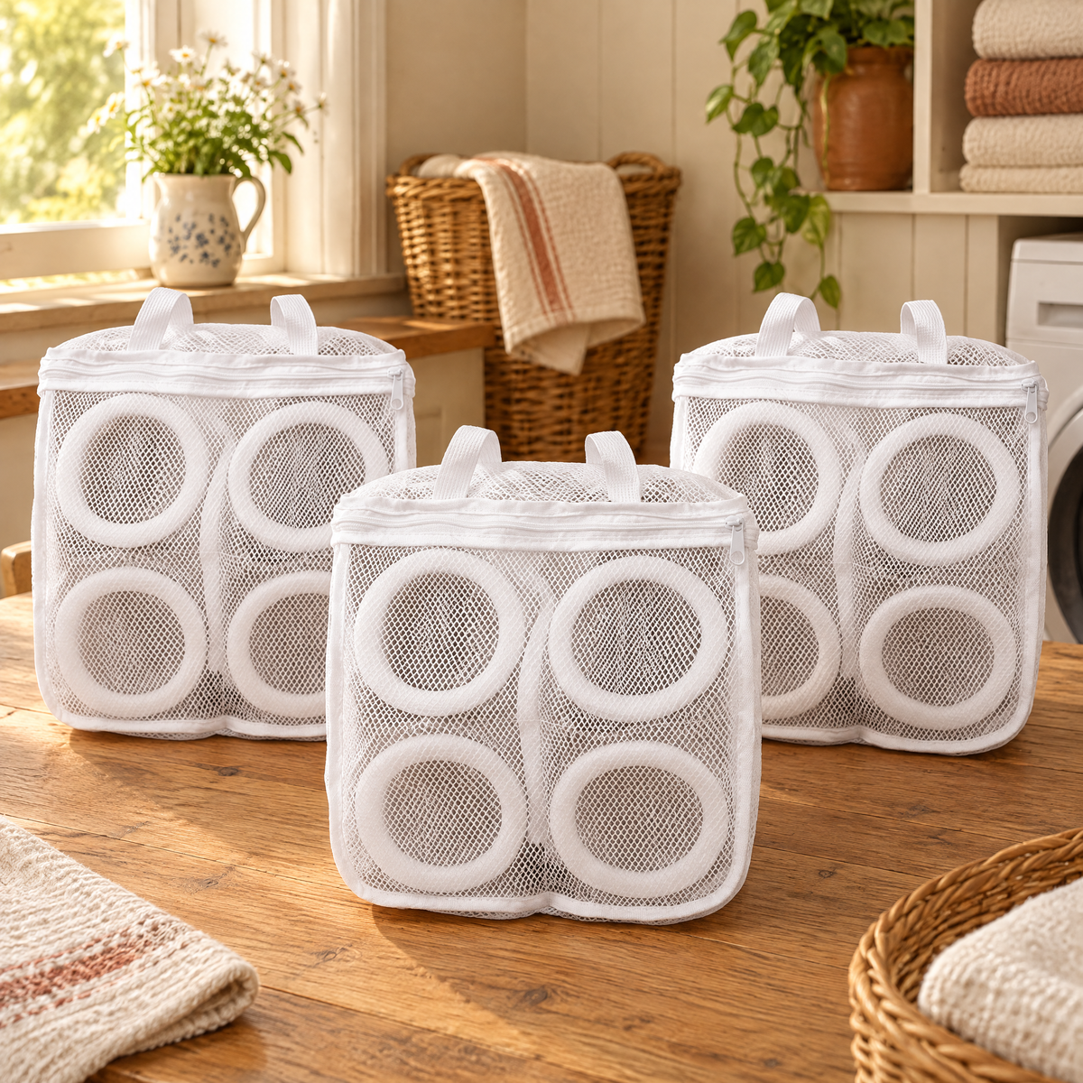 Cushion Shoe Bag Trio hero: Cushion’s exact three white padded-mesh bags