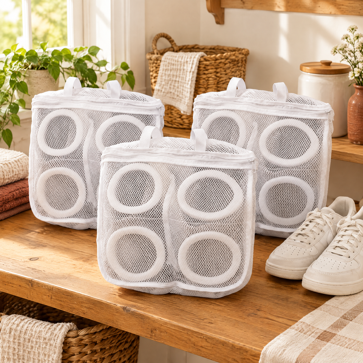 Cushion Shoe Bag Trio story: Cushion beside suitable footwear props