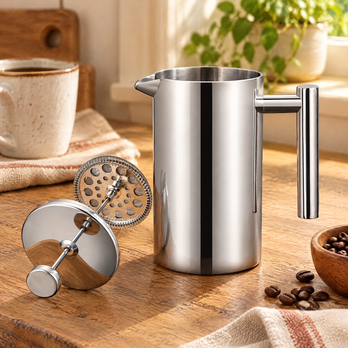 Dawn Stainless French Press detail: Dawn Stainless French Press: actual lid, shaft and circular filter