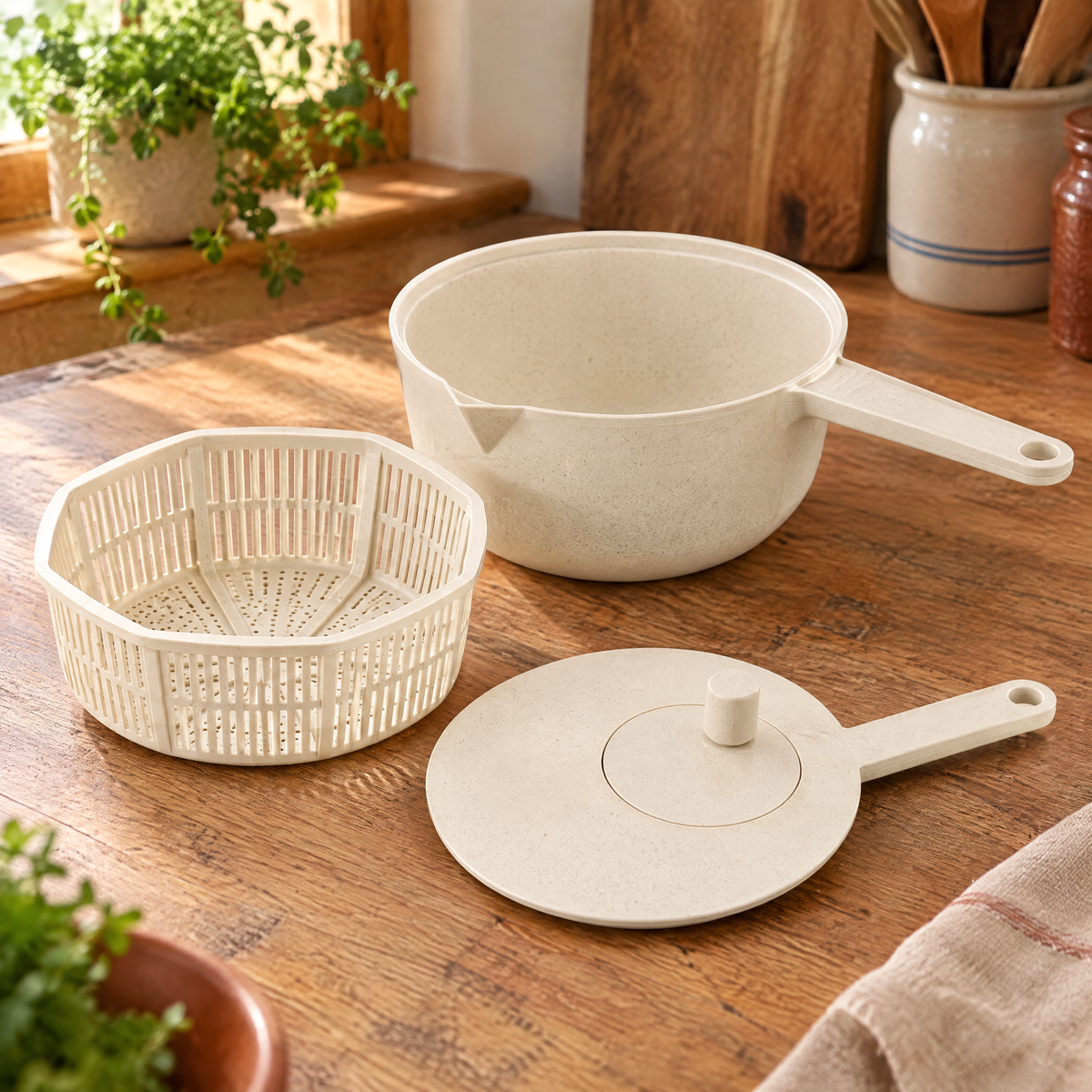 Dew Cream Handled Salad Spinner detail: Dew Cream Handled Salad Spinner: actual inner basket and lid