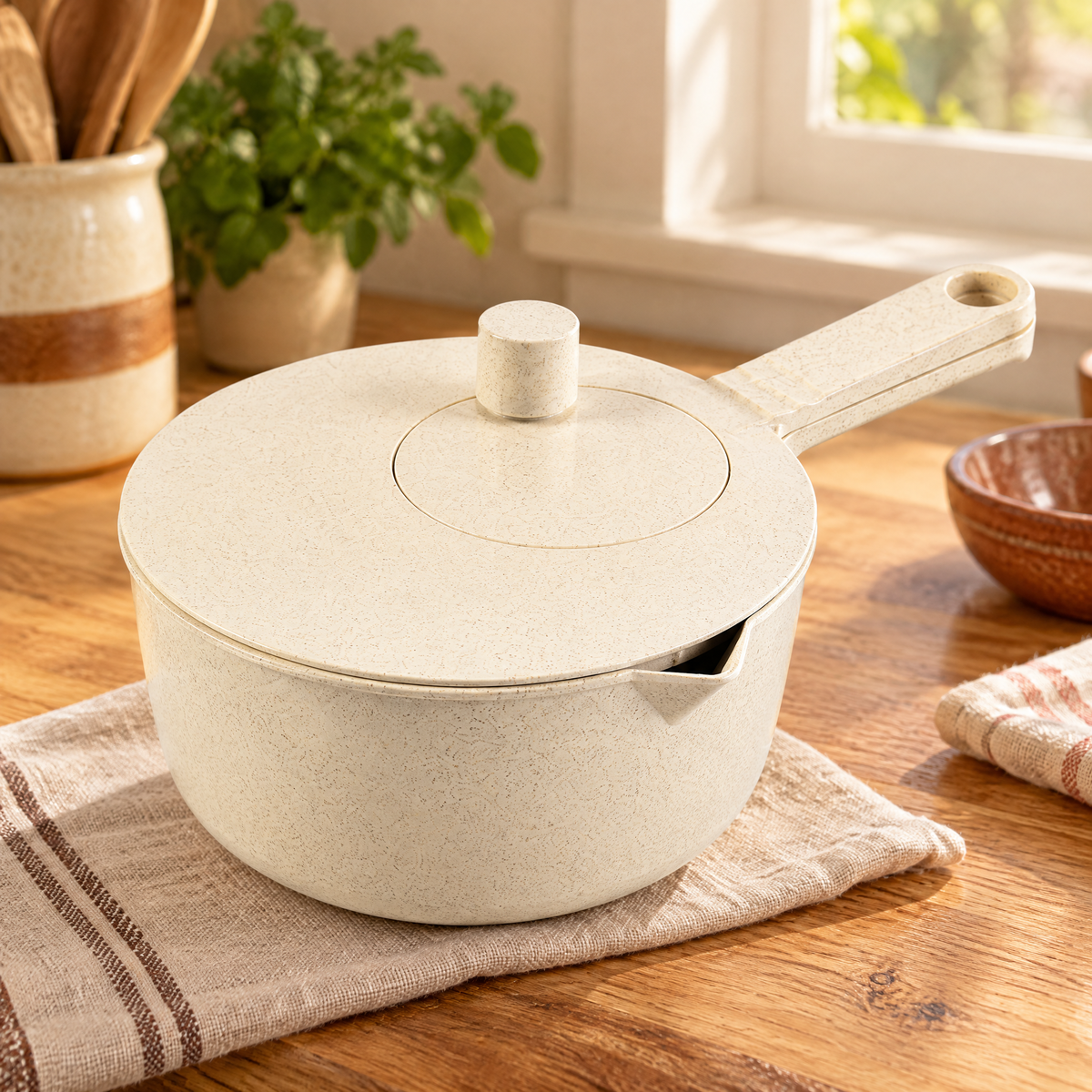 Dew Cream Handled Salad Spinner hero: Dew Cream Handled Salad Spinner: whole cream handled spinner