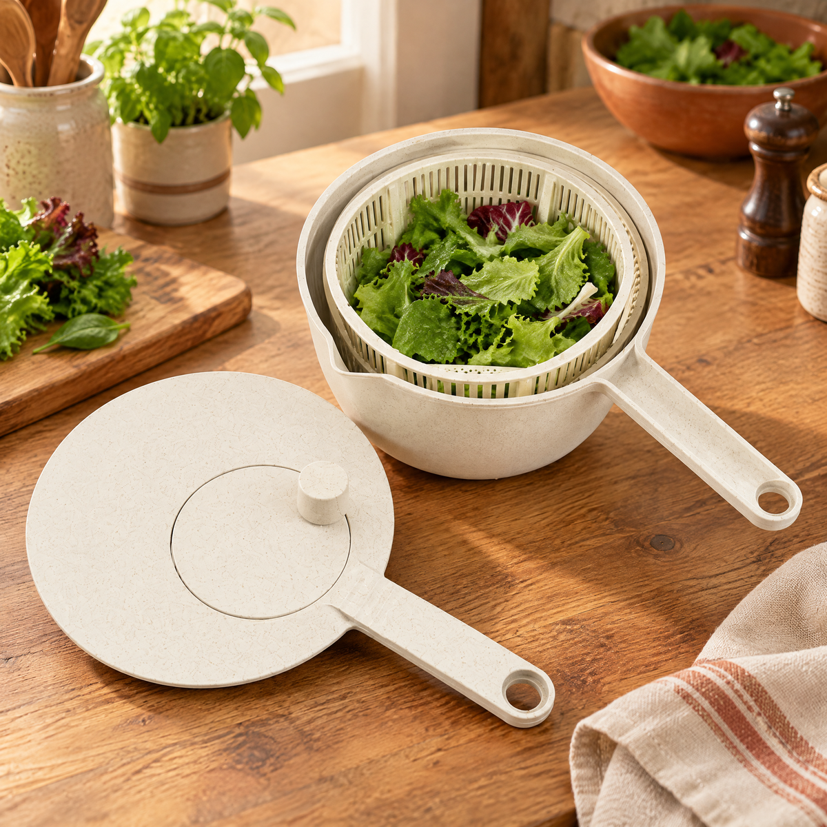 Dew Cream Handled Salad Spinner story: Dew Cream Handled Salad Spinner: rinsed greens before the salad