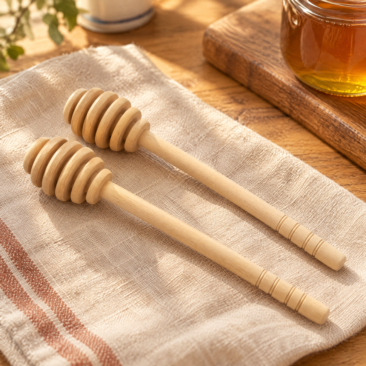 Drizzle Honey Dipper Pair detail: Drizzle Honey Dipper Pair: grooved heads and natural wooden shafts