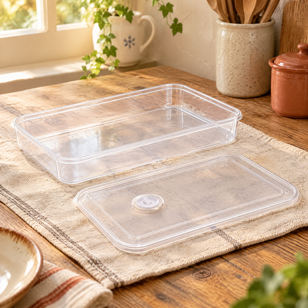 Dumpling Shallow Storage Tray detail: The complete shallow Dumpling tray and one lid shown separately