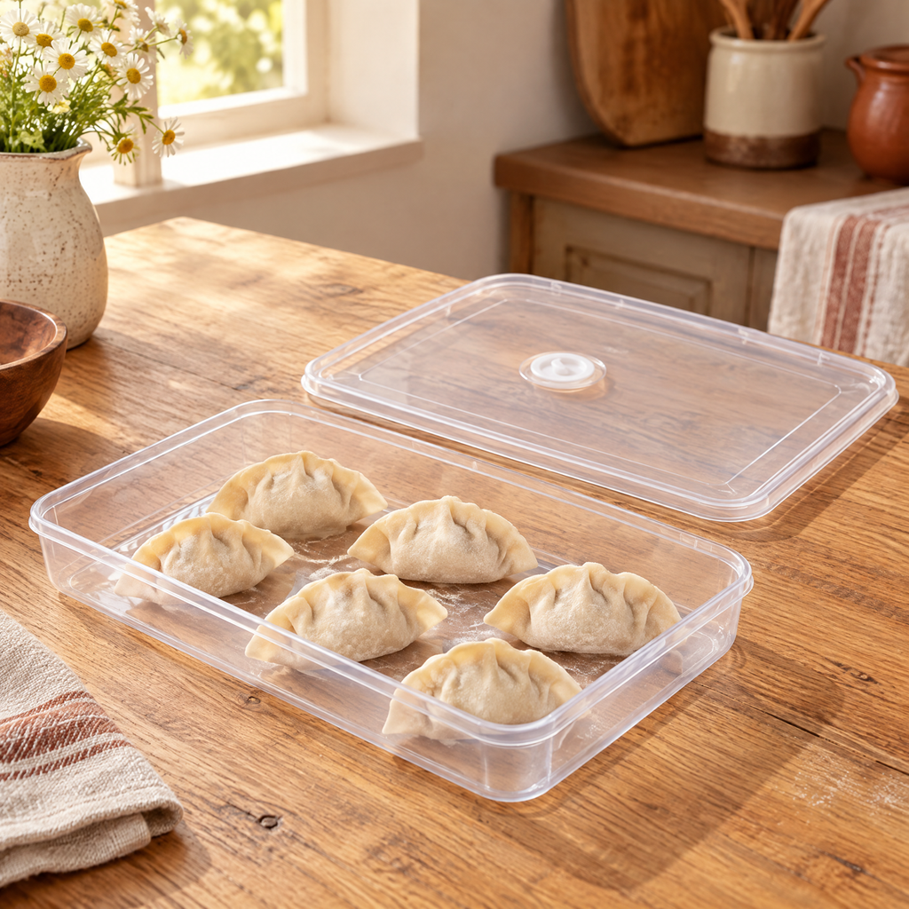 Dumpling Shallow Storage Tray story: One Dumpling tray arranging modest dumplings with its lid beside it