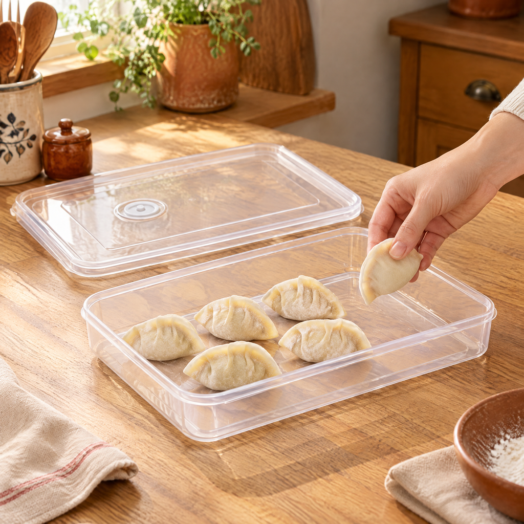 Dumpling Shallow Storage Tray use: One hand placing a suitable dumpling in the tray while the single lid rests nearby