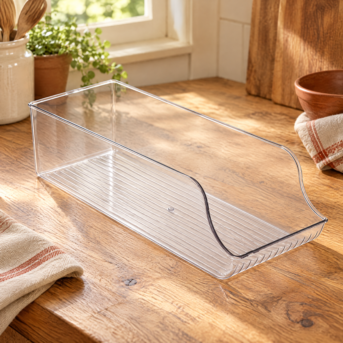 Find Open Fridge Bin detail: The whole Find bin showing ribbed floor and low open front