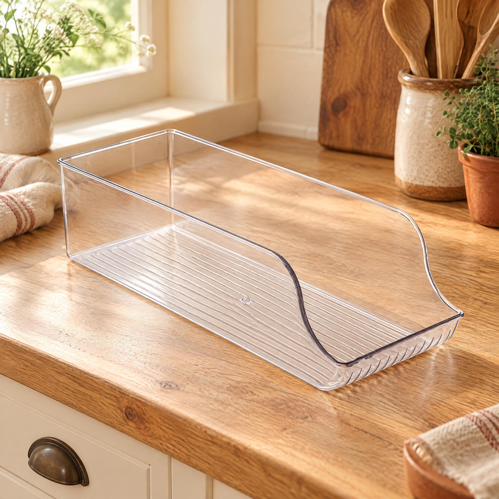 Find Open Fridge Bin hero: Complete clear Find fridge bin with scooped sides and low open front