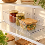 Find Open Fridge Bin story: Find bin gathering small packaged items on a refrigerator shelf