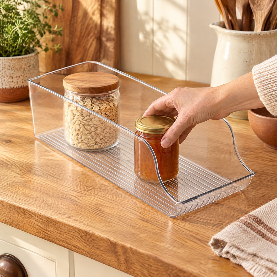 A hand reaching a small jar through the low front of Find bin