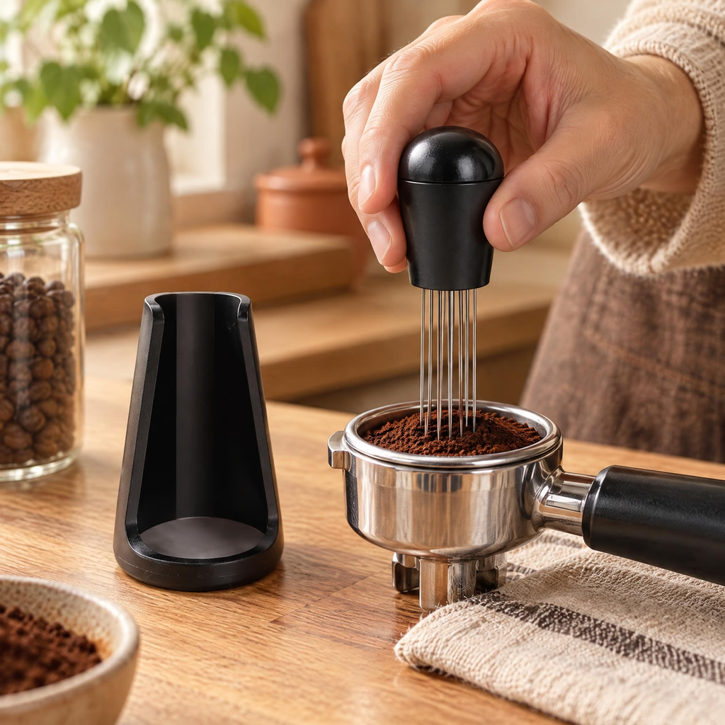 Fine Espresso Needle Tool use: Fine Espresso Needle Tool: gentle movement through dry grounds