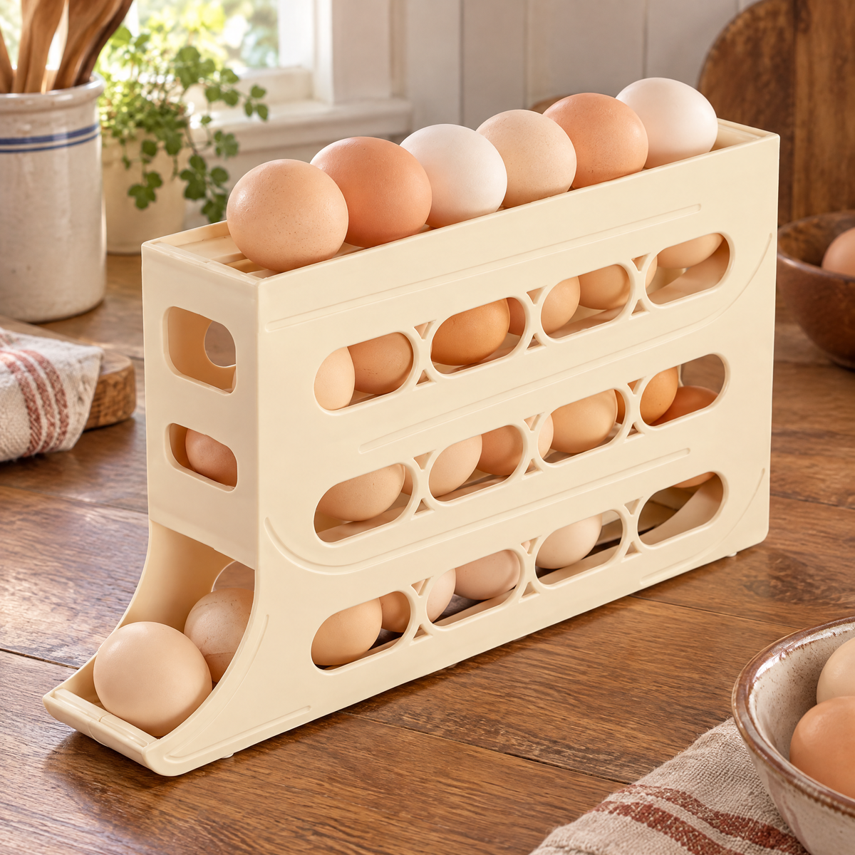 Open channels and oval front windows of the First Light egg rack
