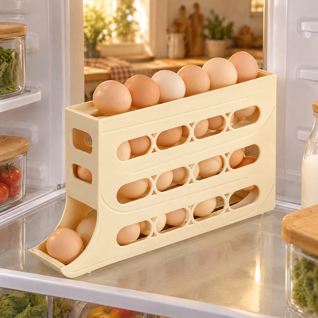 First Light Egg Dispenser story: First Light dispenser gathering ordinary intact eggs on a level refrigerator shelf