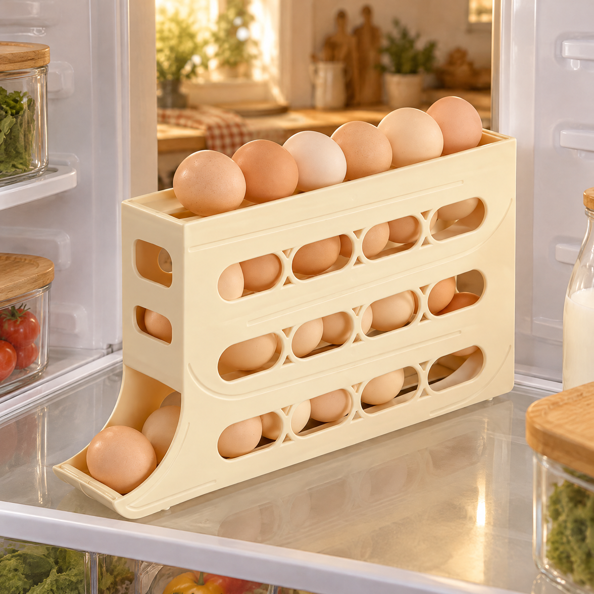 First Light Egg Dispenser story: First Light dispenser gathering ordinary intact eggs on a level refrigerator shelf