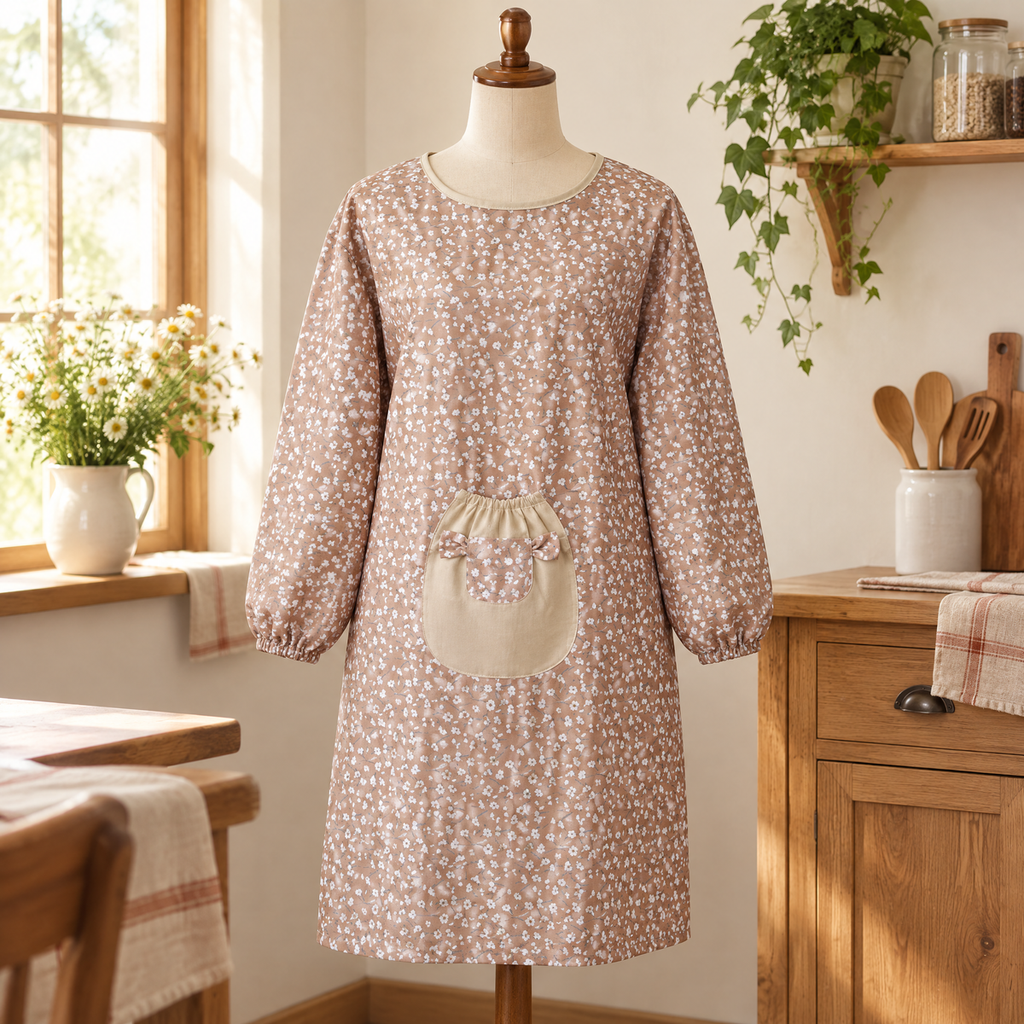 Flora Sleeved Apron detail: Flora’s small flowers and contrasting pocket