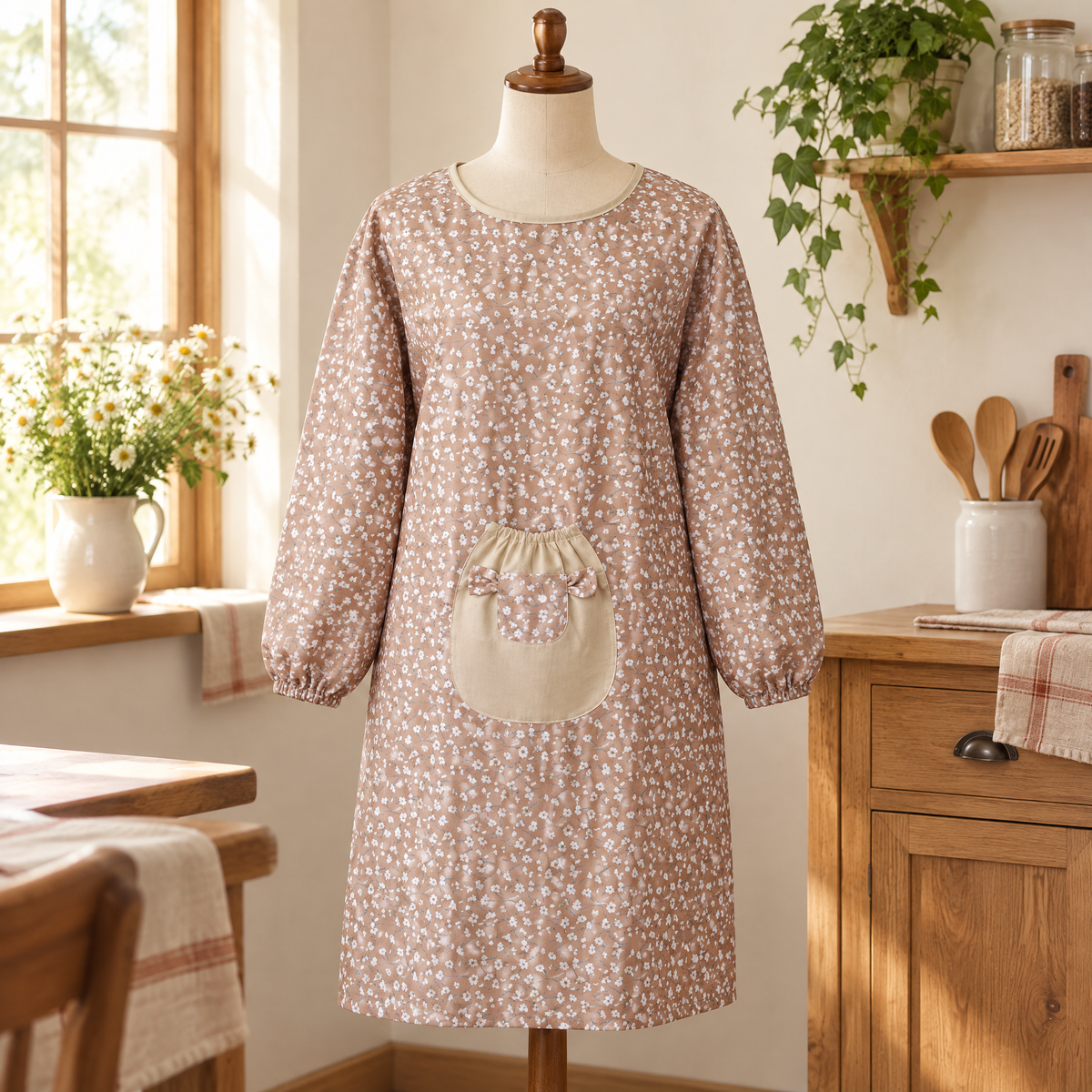 Flora Sleeved Apron detail: Flora’s small flowers and contrasting pocket