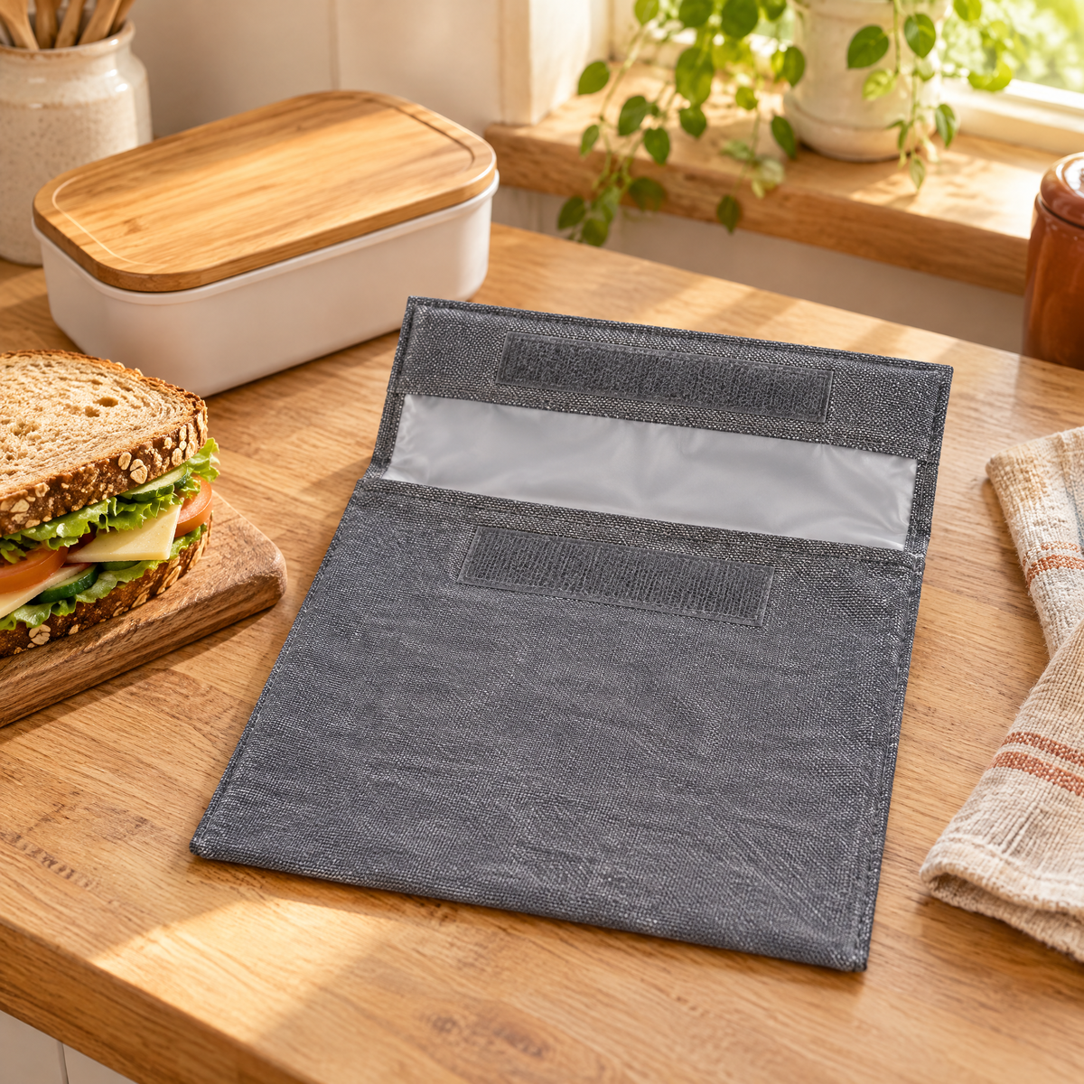Fold Sandwich Pouch story: Fold pouch beside a suitable sandwich on a kitchen counter