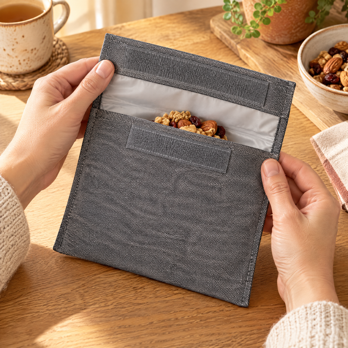 Fold Sandwich Pouch use: Two hands holding Fold open around a suitable small dry snack