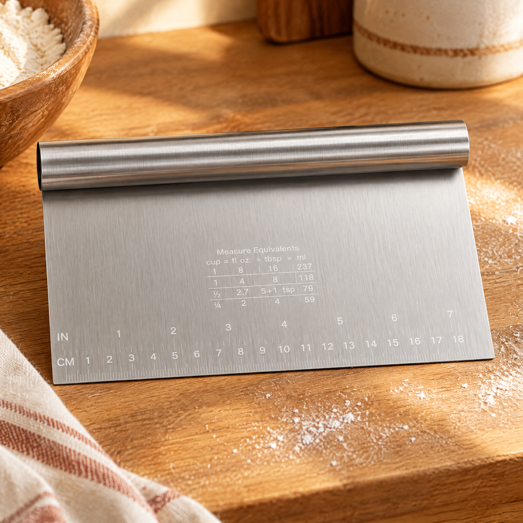 Fold Stainless Bench Scraper detail: Rolled handle and straight edge of Fold bench scraper