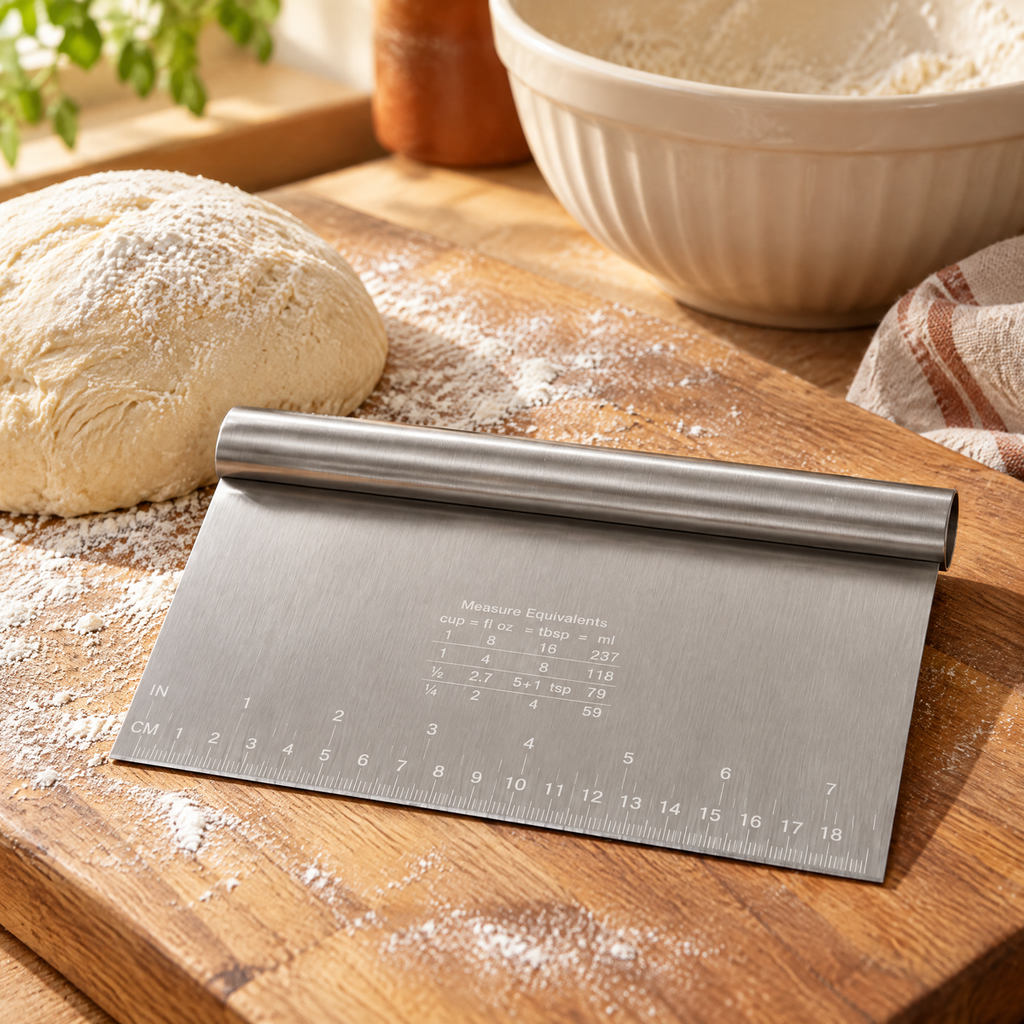 Fold Stainless Bench Scraper story: Fold beside dough on a flour-dusted board