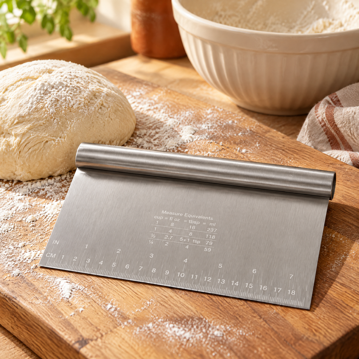 Fold Stainless Bench Scraper story: Fold beside dough on a flour-dusted board