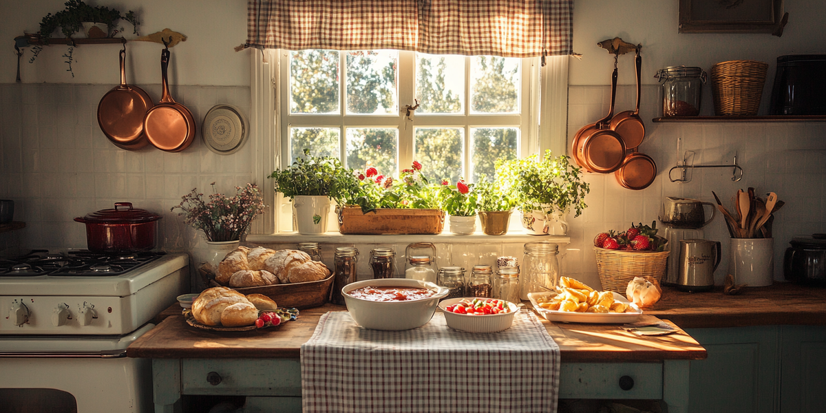 A cozy vintage kitchen with copper pans, cream tiles and a warm wooden island