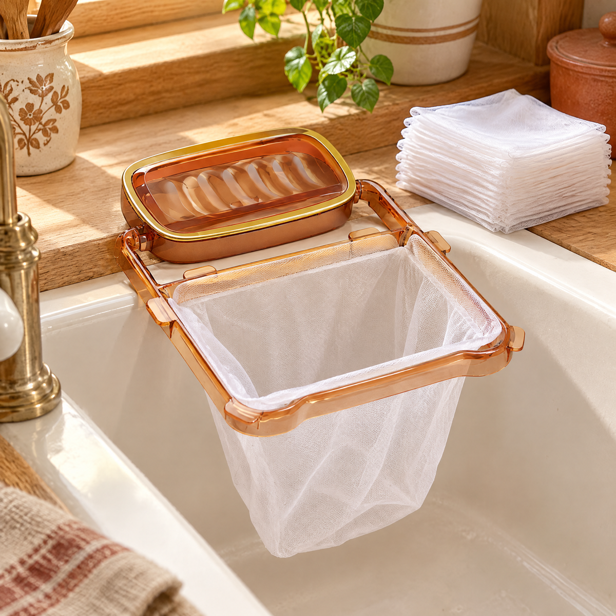 The amber frame supports a hanging white mesh pocket beside the open sink basin.
