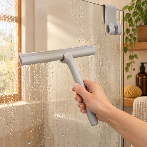 Glide Silicone Glass Squeegee use: One hand guiding Glide grey blade across suitable wet glass