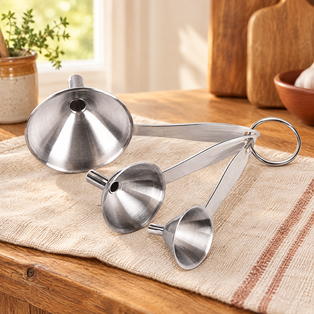 Guide Stainless Funnel Set detail: Guide Stainless Funnel Set: graduated outlets and long handles