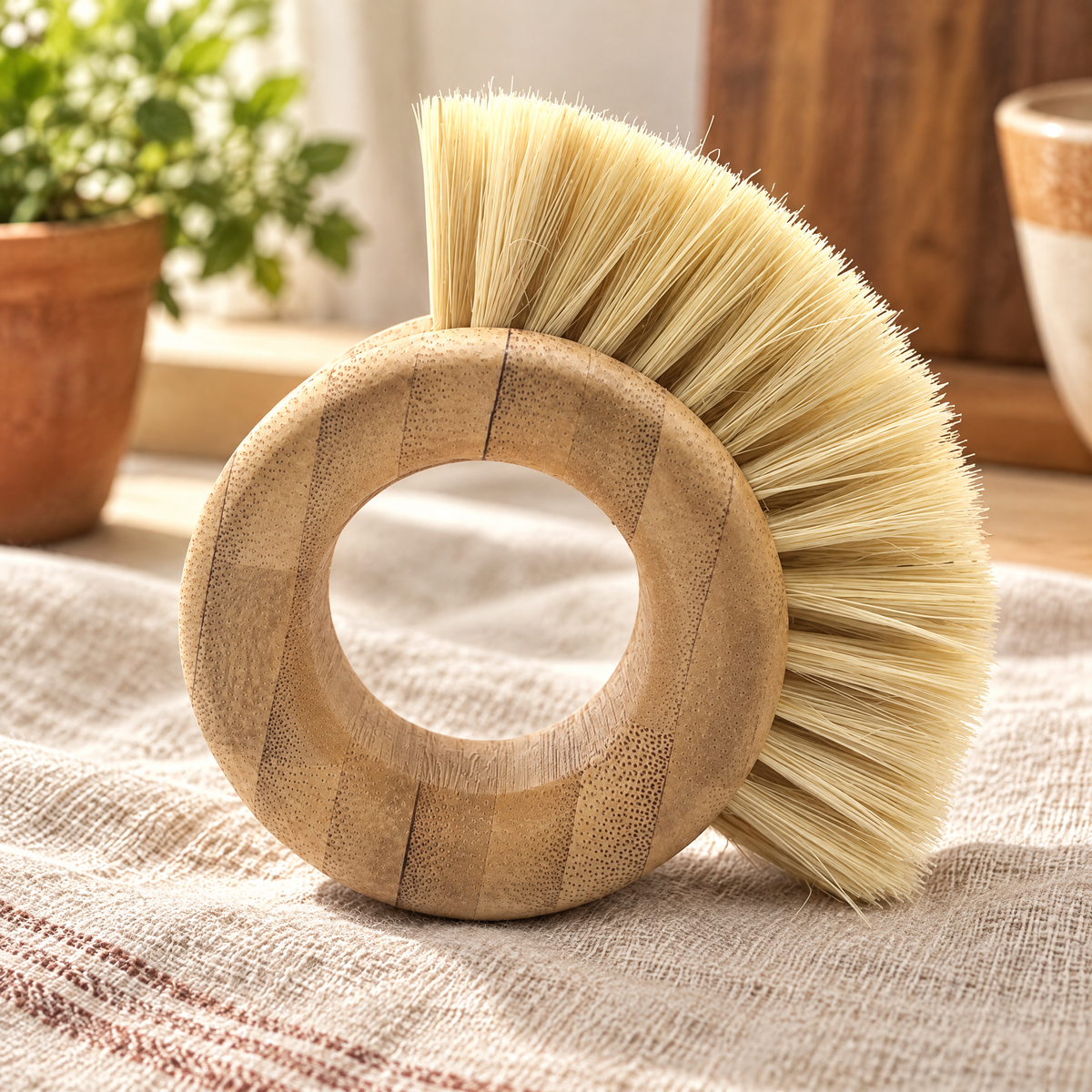 Harvest Ring Vegetable Brush detail: Natural wood ring opening and pale sisal bristles of Harvest