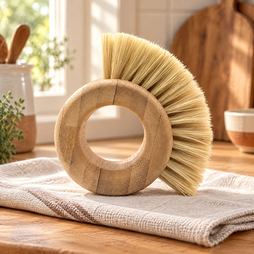 Harvest Ring Vegetable Brush hero: Harvest ring vegetable brush with pale bristles on a cream linen and oak counter